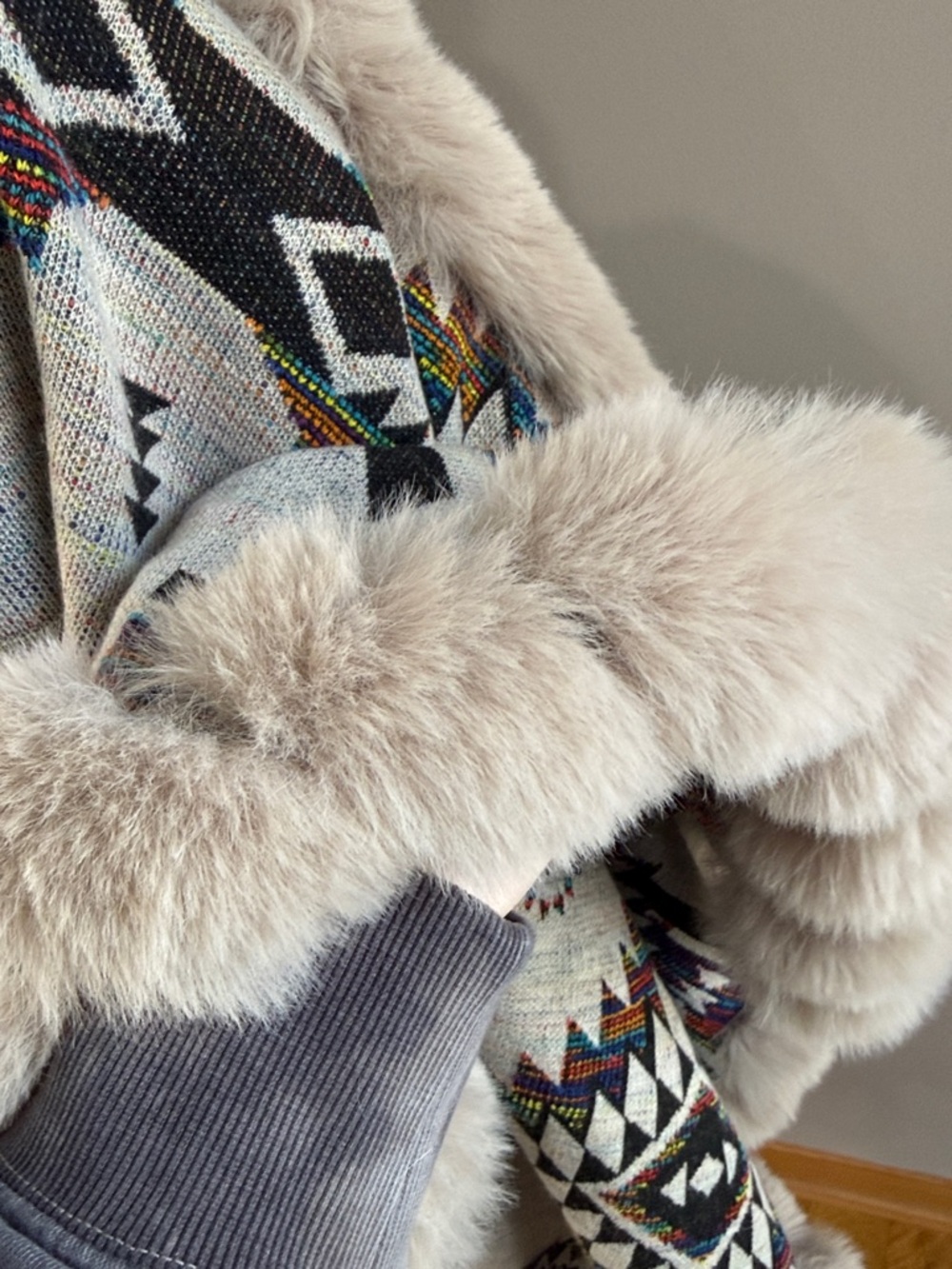 Faux Fur Trim Aztec Cape Poncho - Taupe - Picture 5 of 6